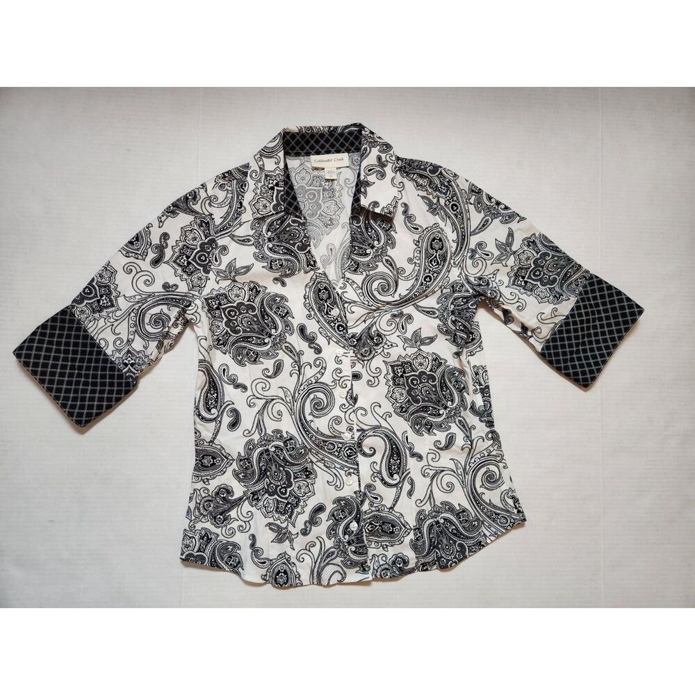 Coldwater Creek Paisley Button‑Up Shirt Women’s Small Black/White